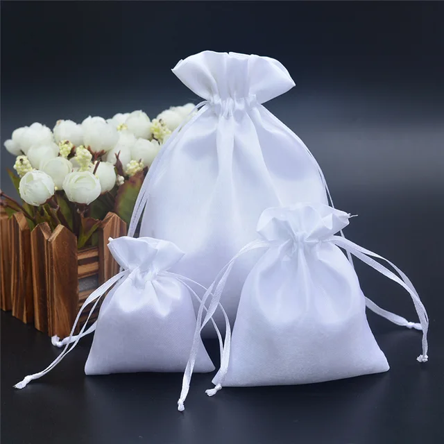 10pcs/lot 7x9, 10x12, 16x20 cm White Satin Pouch Drawstring Bags  Candy/Jewelry/Necklace/Rings/Beads Packaging Silk Cloth Bag