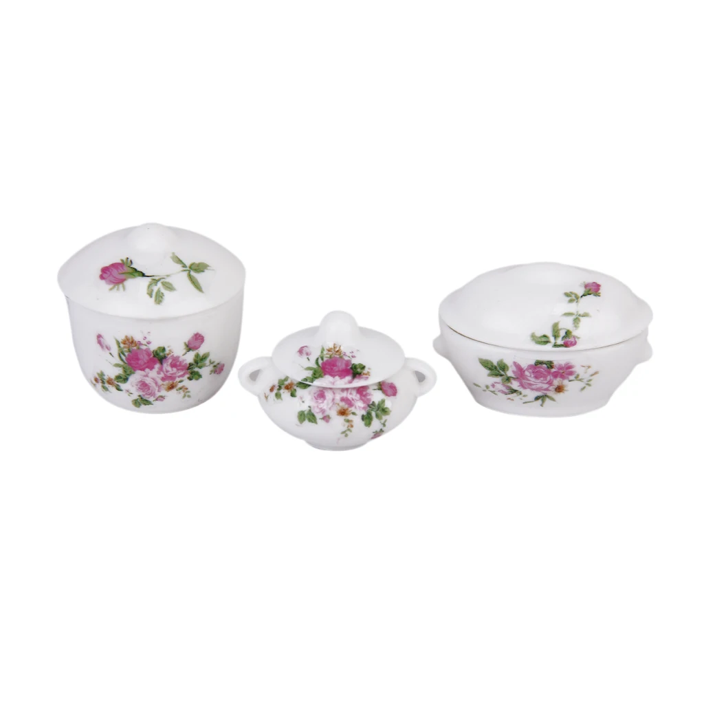 3pcs Dollhouse Miniature Dinning Room Dinnerware Set Floral Pot Bowl W/ Lid