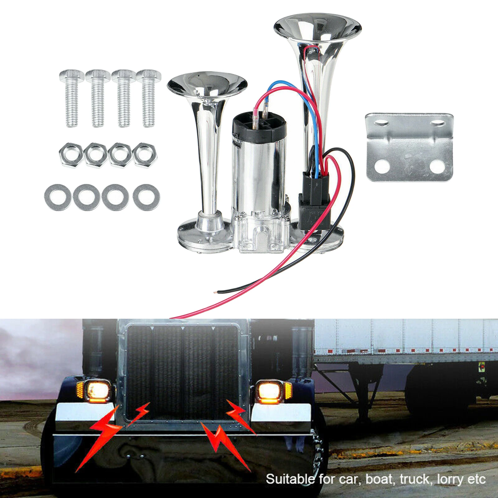 600DB 12V Dual Trumpet Super Loud Car Air Horn Speaker with Compressor Set, Easy to Install