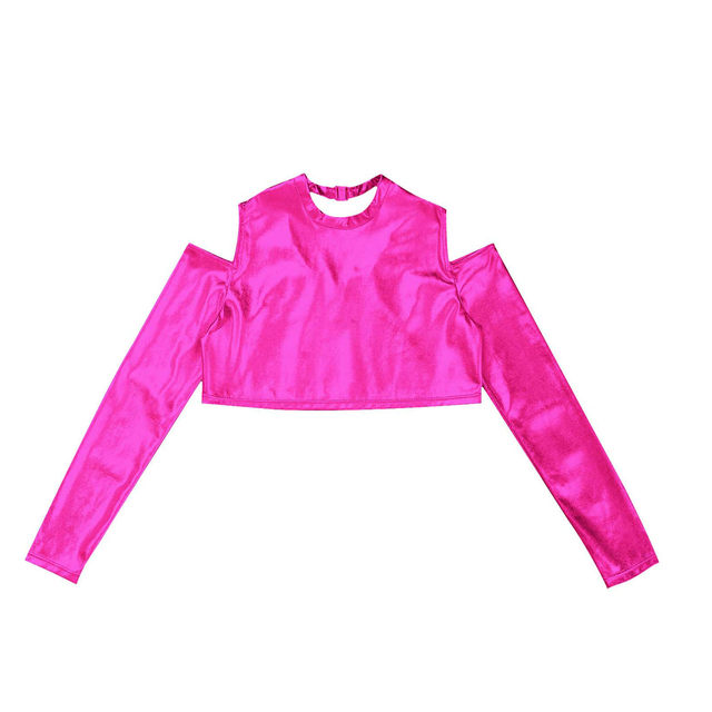 Kids Girls Long Sleeves Off Shoulder Glossy Metallic Tops