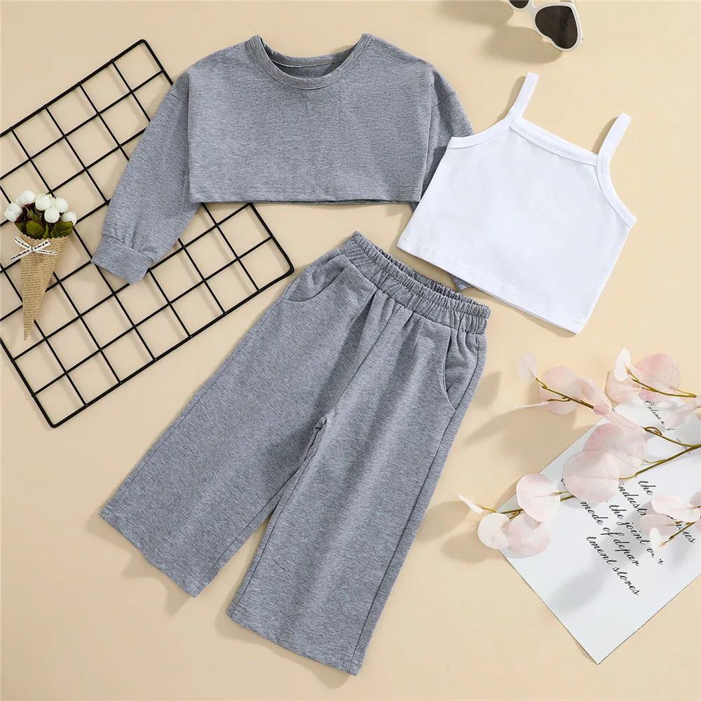 1-6Y Kids Baby Girl Fashion Clothes Grey Solid Long Sleeve Loose Crop ...