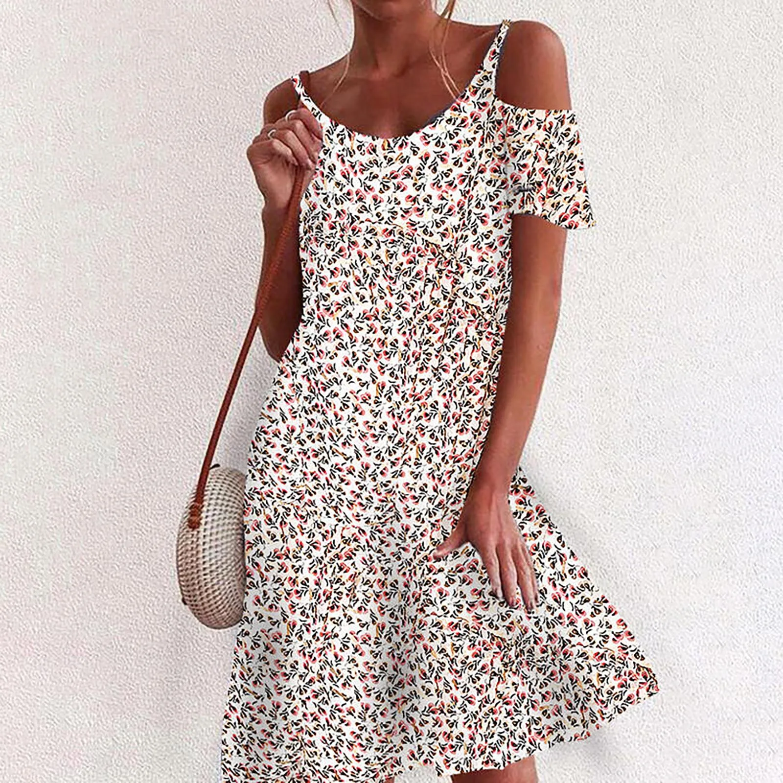 Women Summer Bohemian O-neck Printed Short-sleeved Strapless Pullover Dresses 2021 casual floral print beach dress Vestidos cute bathing suit cover ups