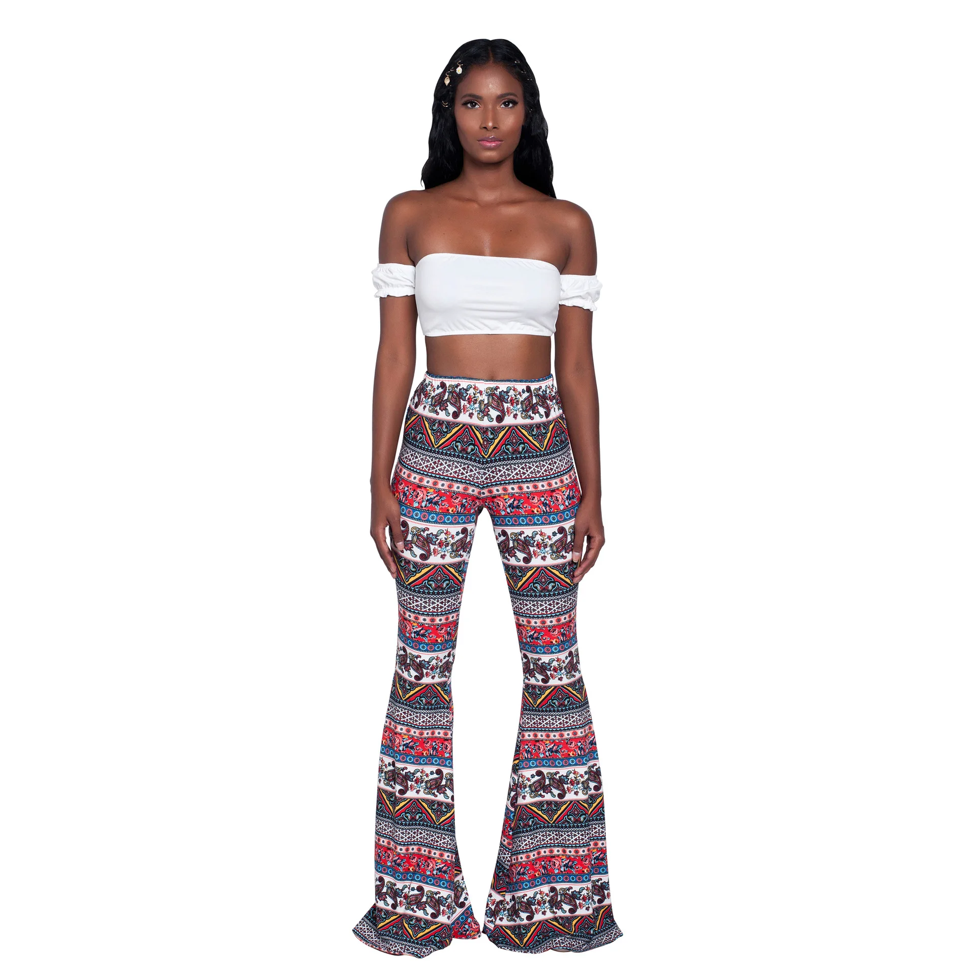 capri trousers Summer New Women High-Waist Stretch-Print Trousers Wide-Leg Loose-Fitting Trousers Sexy Flared Pants Bottom Casual Leggings white pants