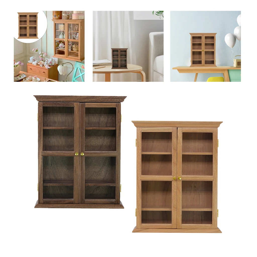 2 Pieces 1/6 Dollhouse Mini Furniture Wall Display Cabinet Bookcase Wood