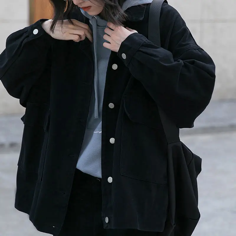 casacos básicos mulheres harajuku colarinho preto manga comprida ferramentas outwear solto casacos coreano estilo safari unisex