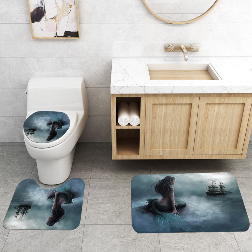 3 Pieces Non Slip Bath Rug Set Mermaid Theme Toilet Lid Cover Contour Mat