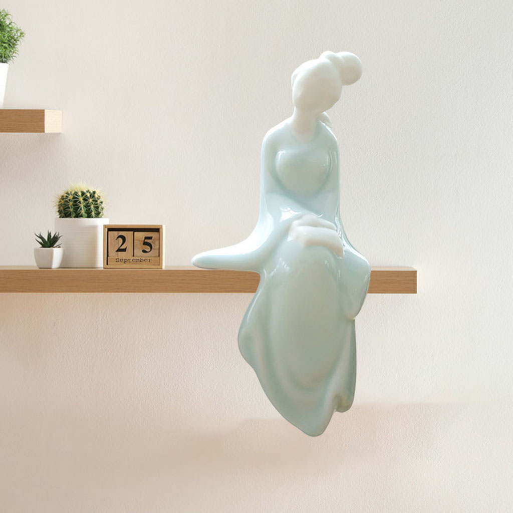 Chinese Ceramic Girl Decor Pose Statue Sculpture, Lovely Bookshelf home decor Accents Modern Decorative Figurine Garden Art