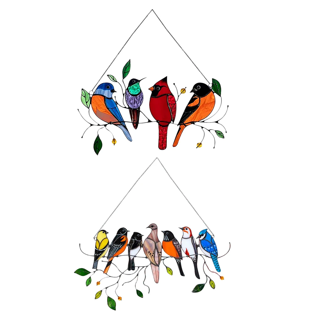 Hummingbirds Birds on a Wire Stained Glass Window Hanging Acrylic Panel  Outdoor Garden Home Decor Ornament Gift