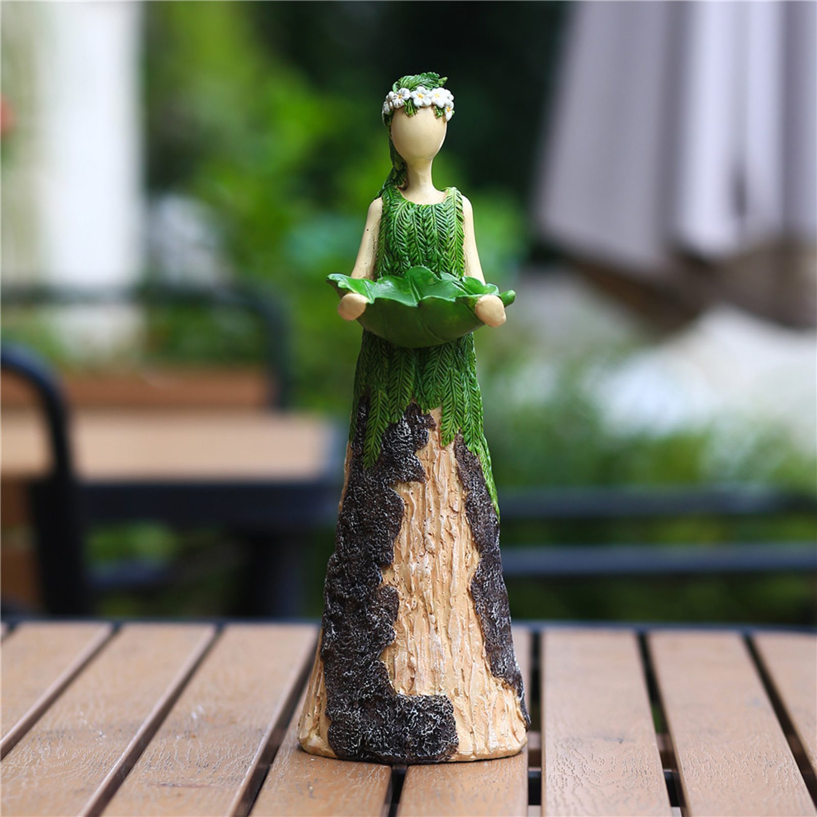 Outdoor Garden Fern Angel Goddess Fairy Statuary with Bird Feeder Resin Ornament 11 inches Tall