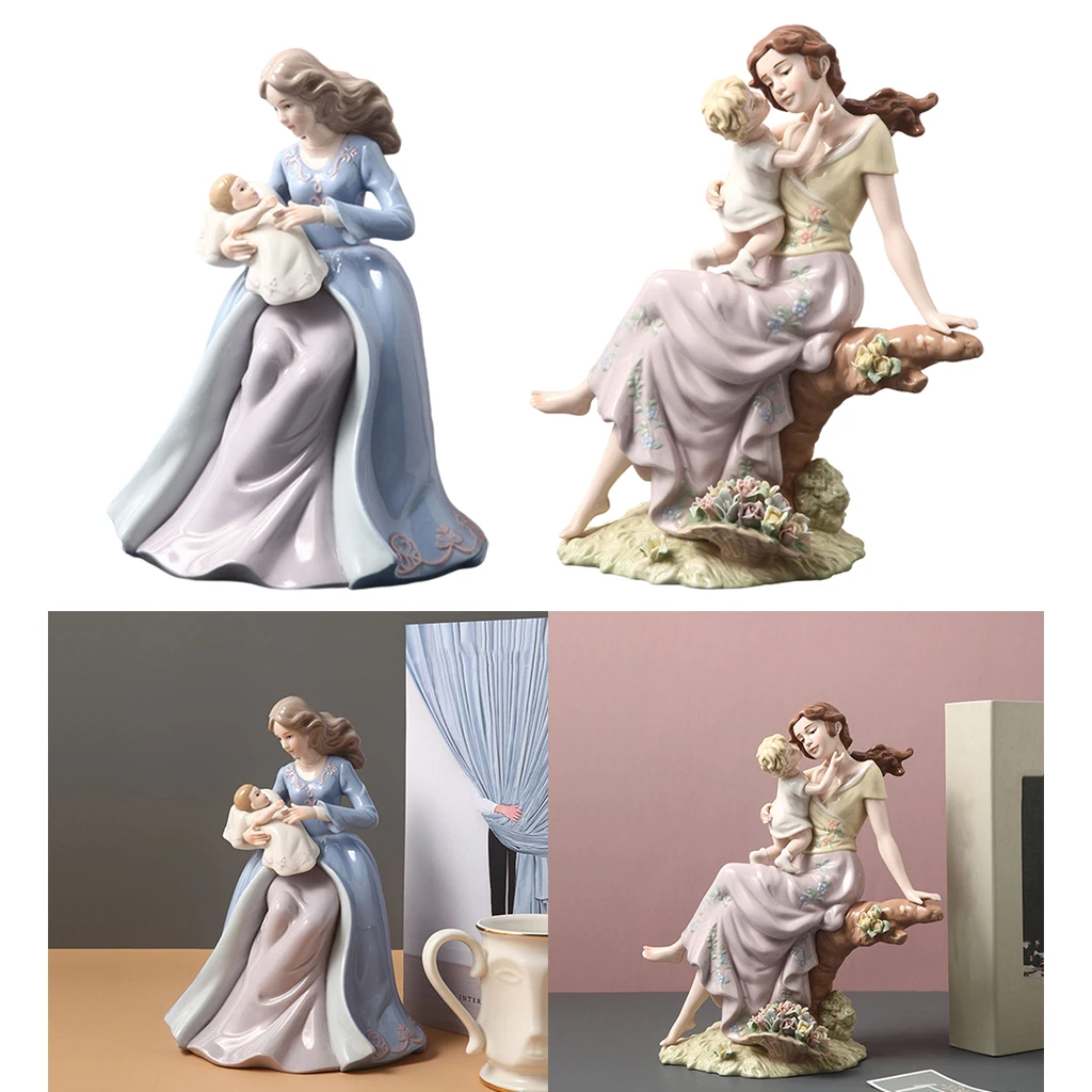 Nordic Ceramic Mother and Kid Character Statue Hand-Painted Figure Modern Home Bookshelf Tabletop Decor Crafts Ornaments