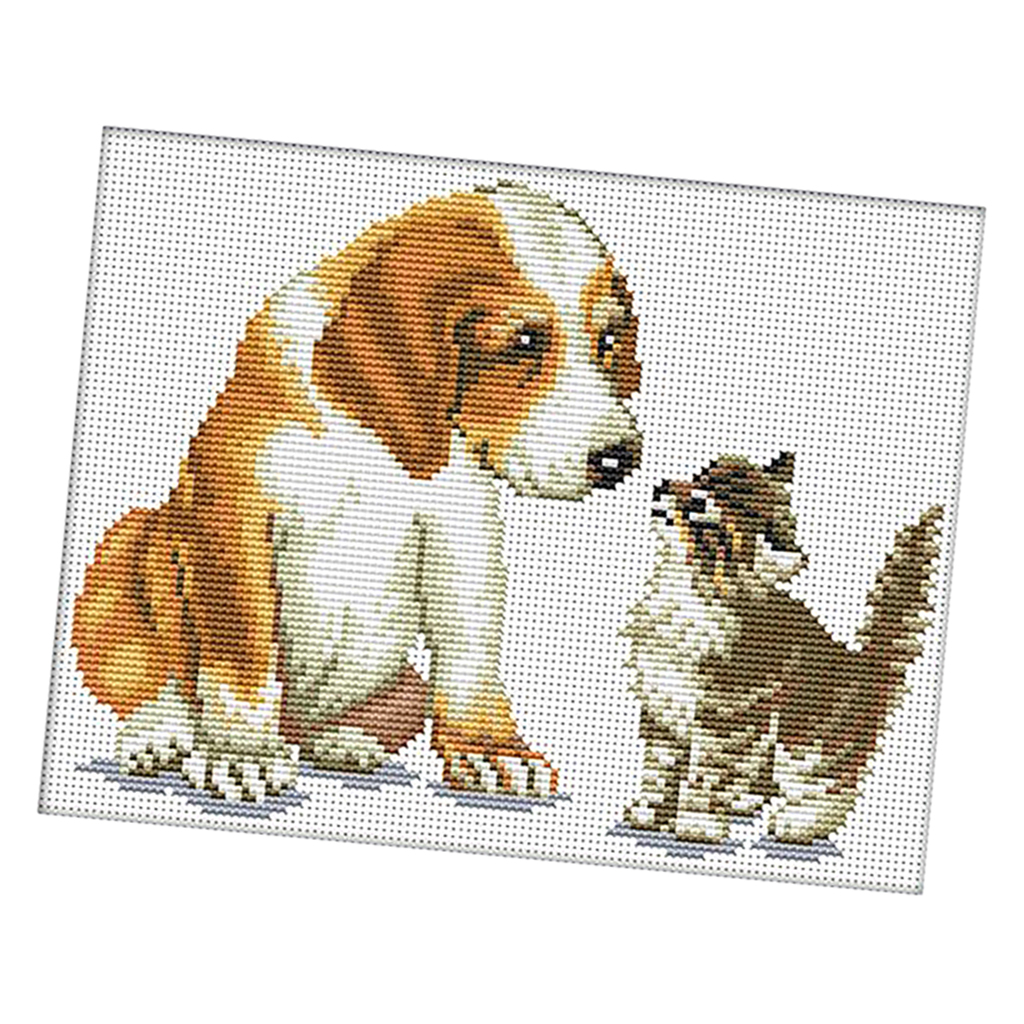 Stamped Cross Stitch Kits With Printed Pattern - Dog and Cat, for Embroidery Art Cross-Stitching Lover 11CT 35x29cm