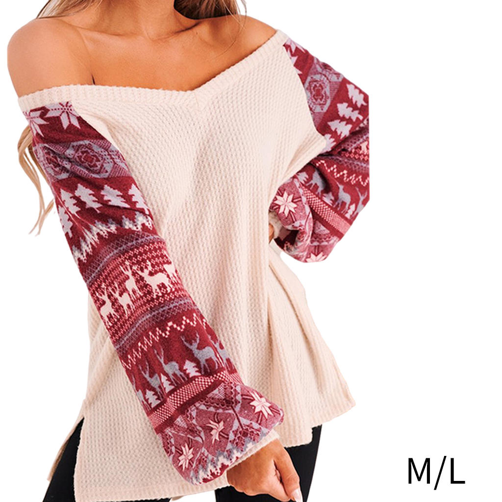 V -neck Christmas Women Sweater Pullover Sweatshirt Santa Clothes for Holiday Ladies
