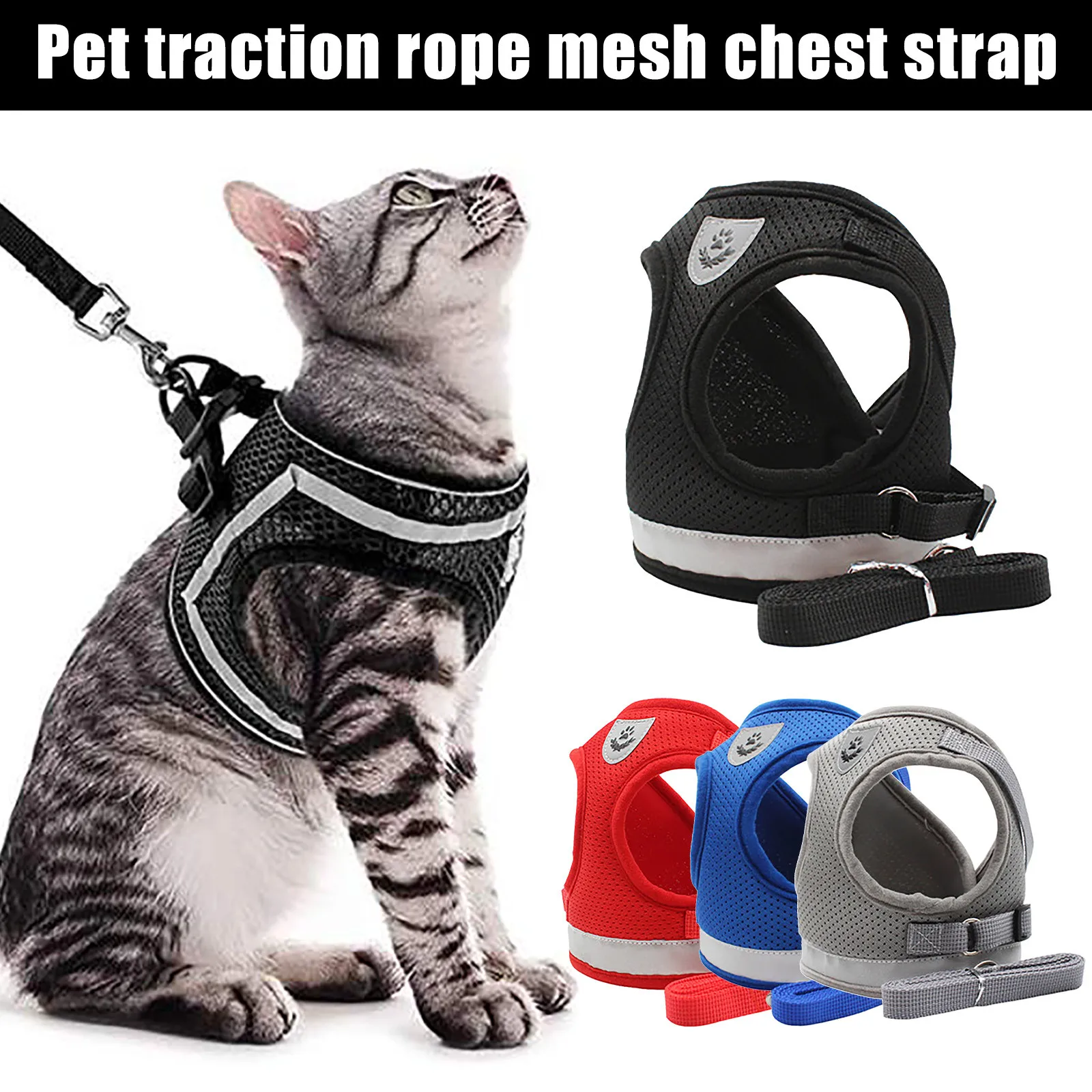 AVCCAVA Kitten Harness with Leash for Walking Escape Proof Soft Cat Harnesses Easy Adjustable Vest Breathable Pet Safety Jacket with 1 Reflective Towing Leash 