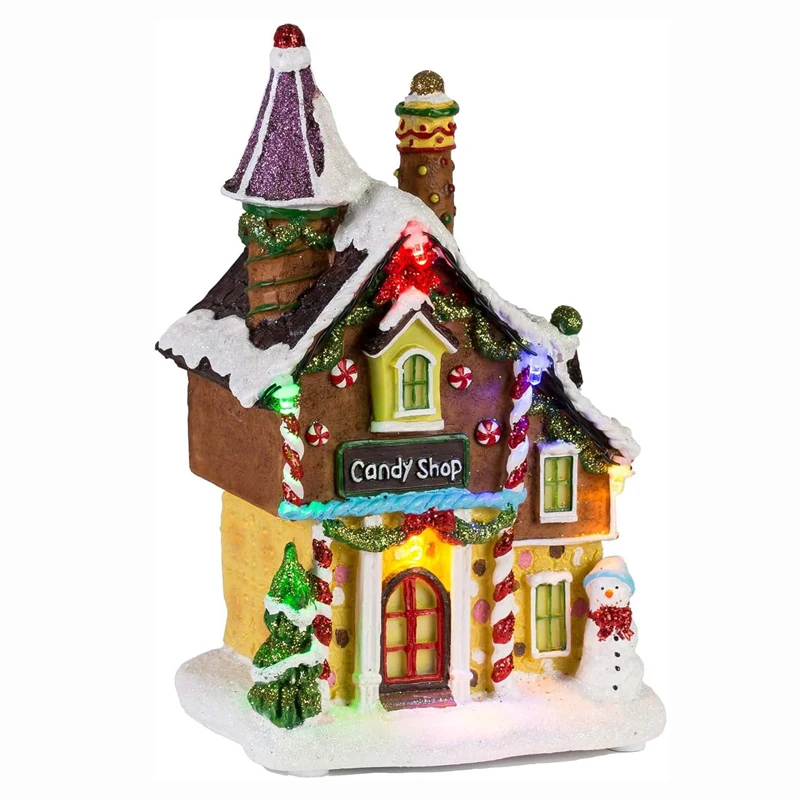 Christmas Scene Holiday Tabletop Decoration Christmas Candy Gingerbread House with Light and Music,Resin Luminous Christmas Village House 
