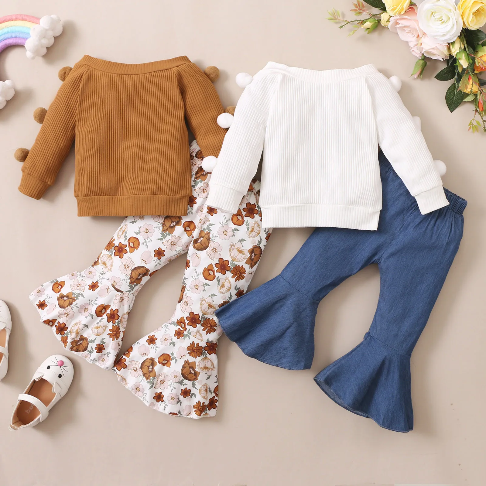 Autumn Winter Toddler Girls Clothes Set Fur Ball Long Sleeve Top Flare Pants 2PCS Girl Casual Outfits 6 Month To 4 Years Baby Clothing Set discount