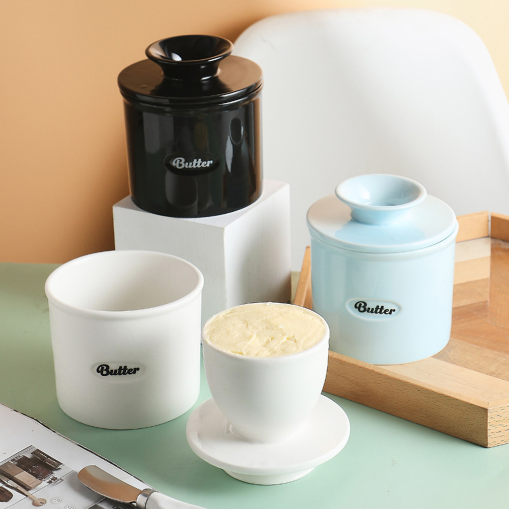 Cute Handmade Ceramic Butter Crock Fresh Spreadable Storage Holder for Refrigerator Hand-held Lid Reasonable Capacity