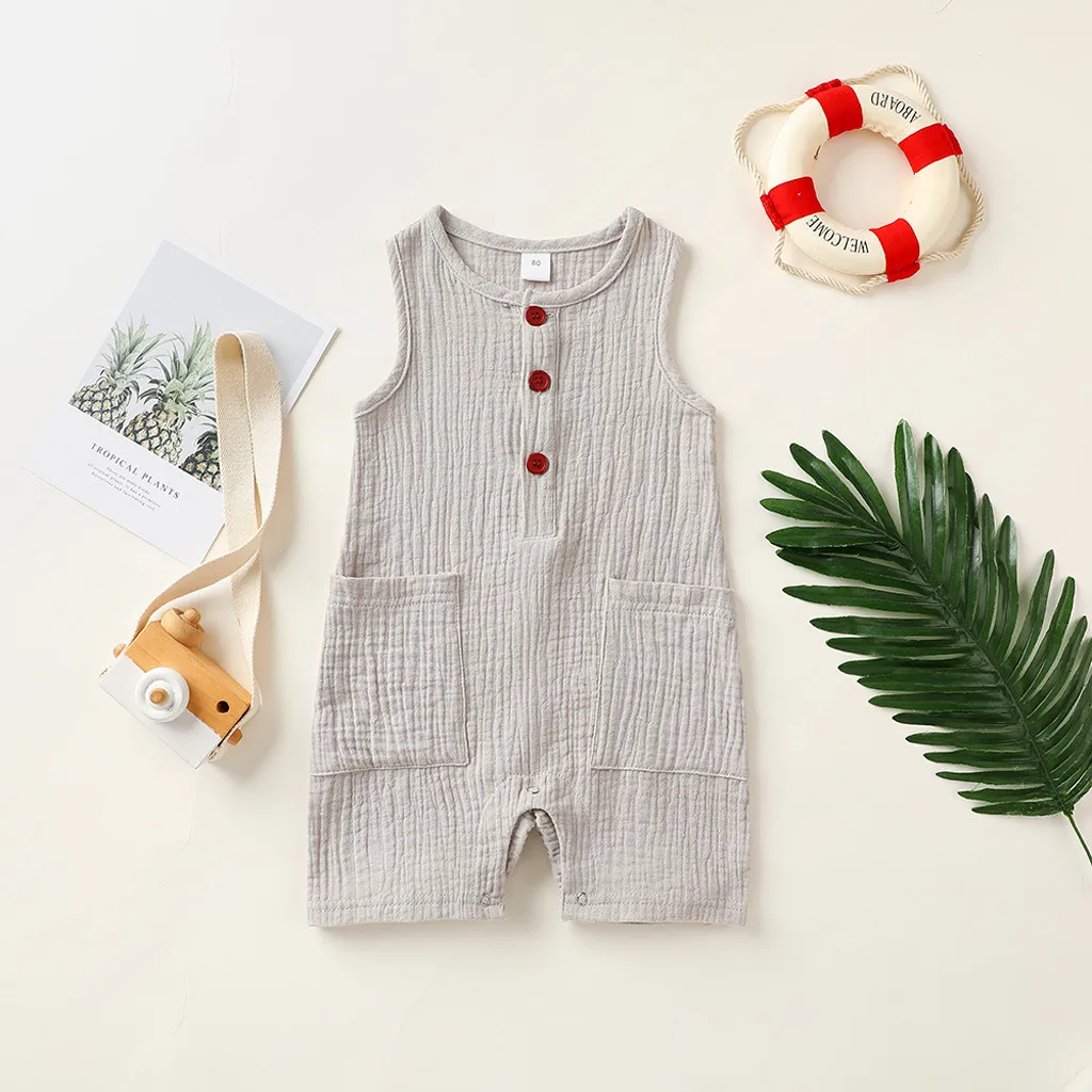 Summer Newborn Infant Baby Girls Boys Rompers Solid Cotton Linen Jumpsuit Pockets Muslin Sleeveless Baby Clothes 0-24 Months black baby bodysuits	
