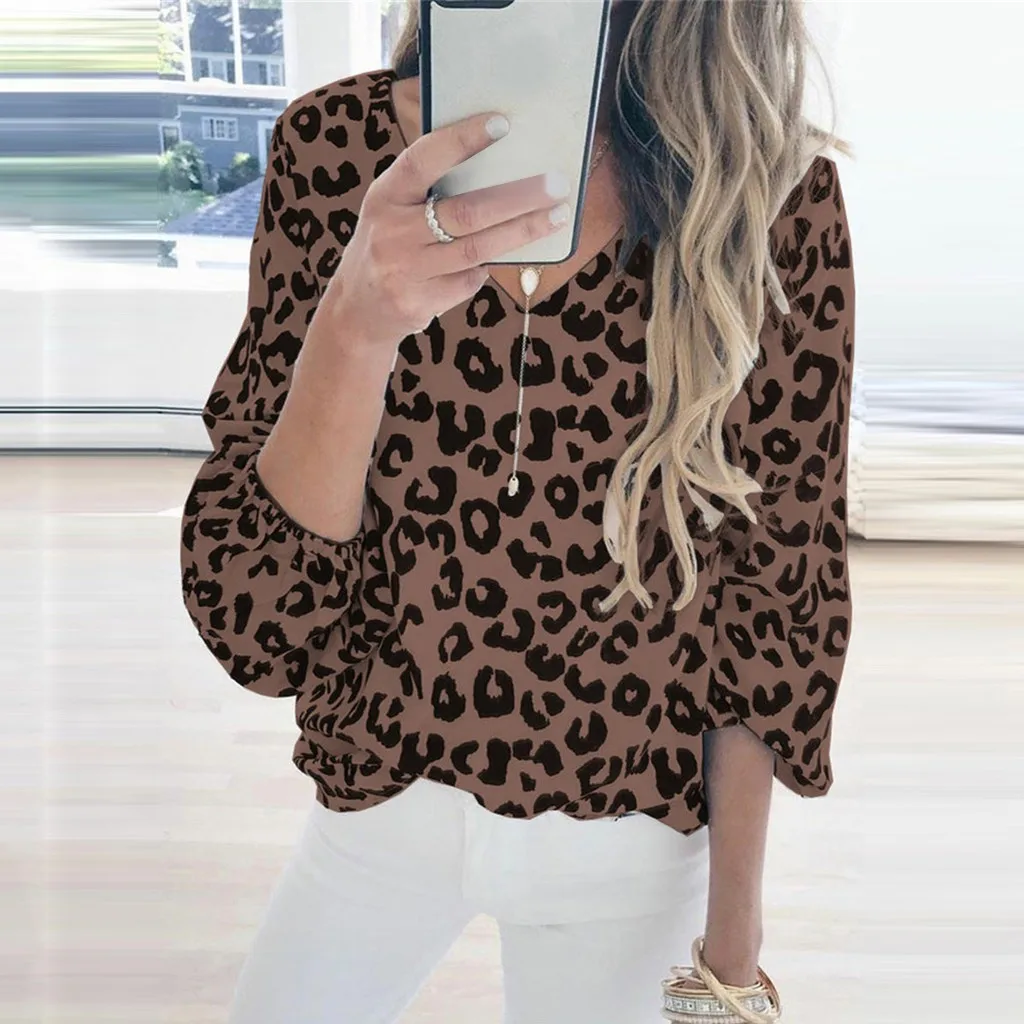Woman Blouse Long Lantern Sleeve Leopard Print V Neck Tee Casual ...