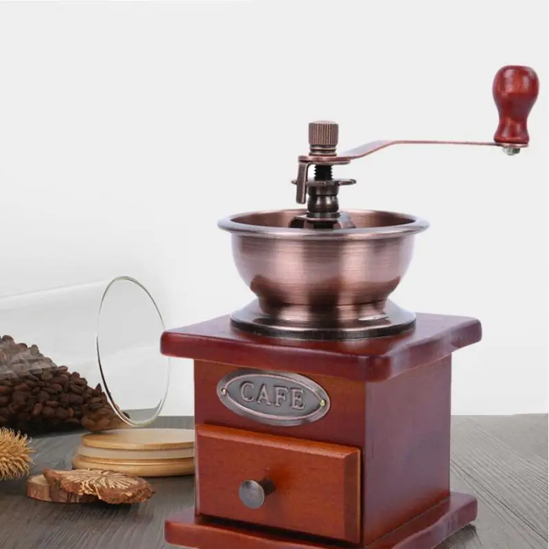 Manual Coffee Grinder Vintage Wood Hand Wheel Mill Bean Nut Grinding 98x98x180mm