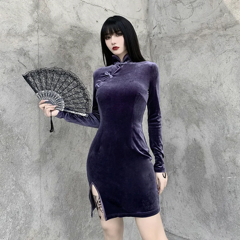 Chinese Style Velvet Cheongsam Dress Stand Collar Long Sleeve Skinny Split Mini Dress Qipao Women Fairycore Grunge Gothic Cloth