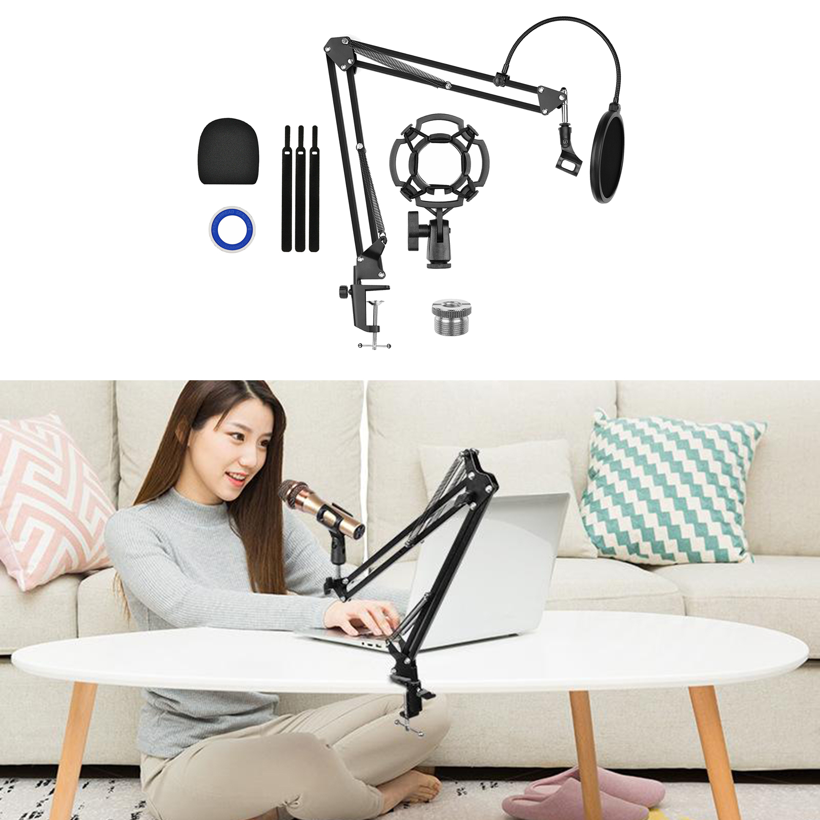 Microphone Arm Stand, Adjustable Suspension Boom Scissor Mic Stand, 3/8