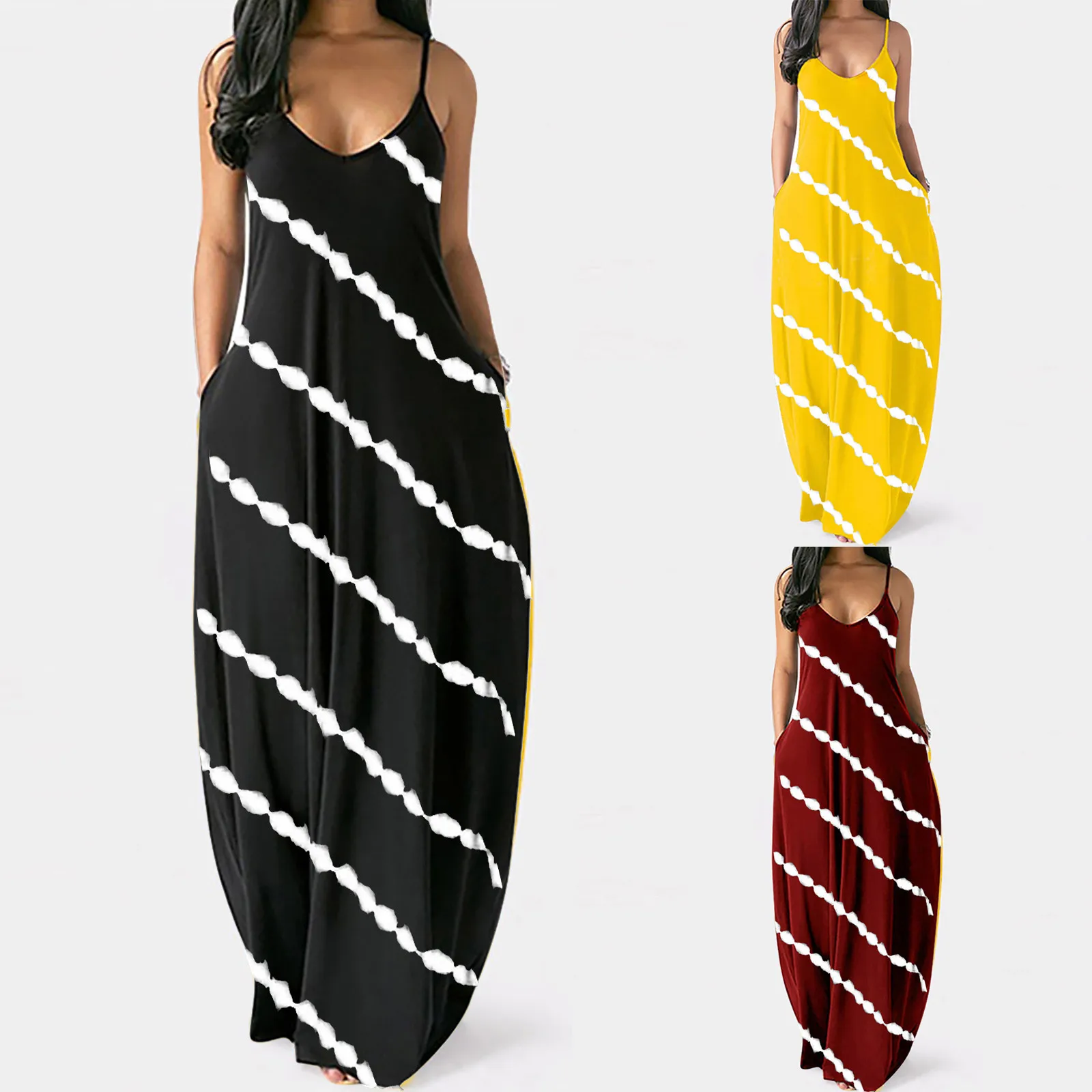 Maxi dress 2021top vestdios sleeveless dress for Fashion Women Casual Plus  Size Stripe V-Neck Pockets Short Sleeve Long Dress