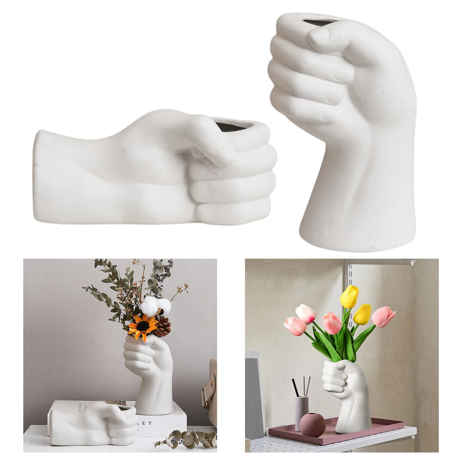 Creative White Ceramic Vase Fist Sculpture Dried Flowers Bouquets Ornament
