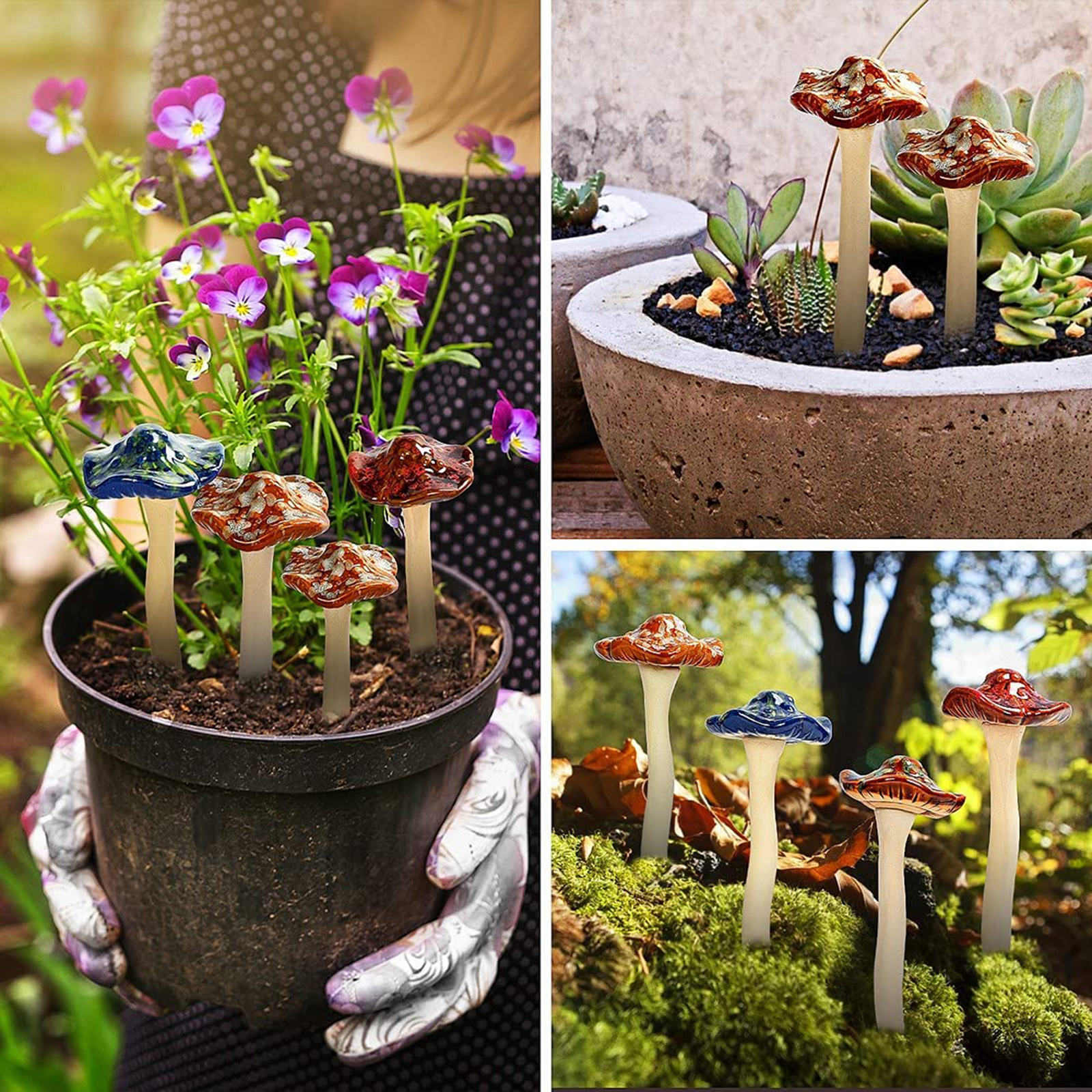 4PCS Colorful Ceramic Mushrooms Garden Decor Mushroom Toadstool Statue Plug Pottery Ornament for Fairy Garden Flowerpot Lawn