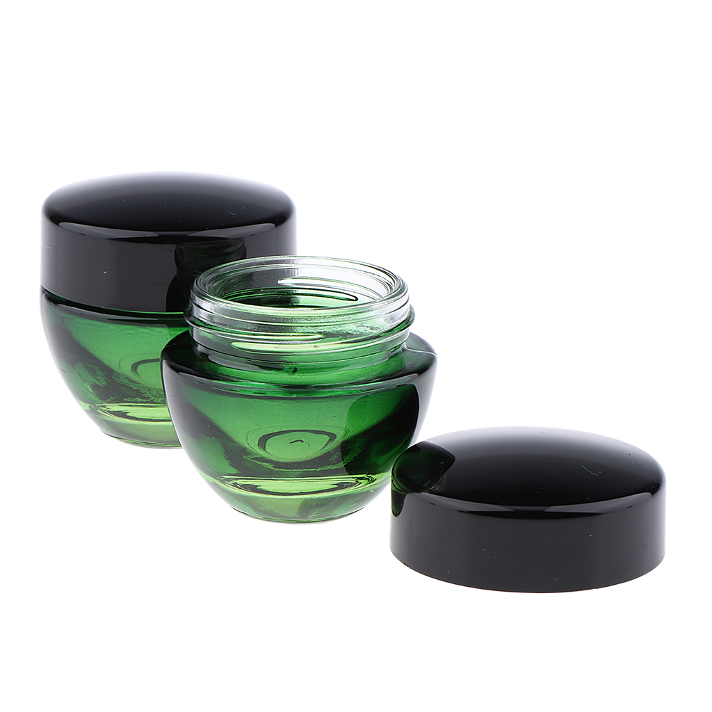 Set of 2Pcs, 15/50 Gram, Empty, Glass Makeup Cream Jars, Lotion Bottles, Cosmetics Containers, Refillable ( Ombre Green Color)