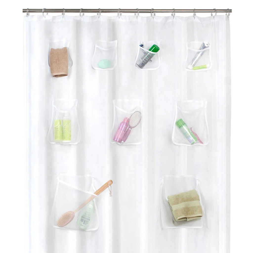 PEVA Mesh Pocket Shower Curtain with Metal Grommets Mould proof for Phone Tablet 180x180cm