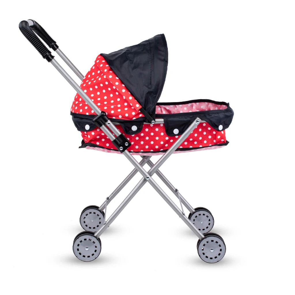 Foldable Dotted Baby Doll Stroller Trolley w/ Basket Hood for Toddlers Kids Gift