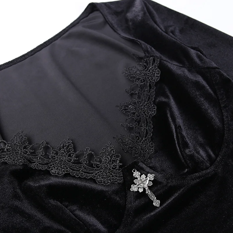 Autumn Female Gothic Black T-shirt Y2K Vintage Velvet Long Sleeve Crop Top Sexy Women V Neck Corset Tees E-girl Harajuku Clothes