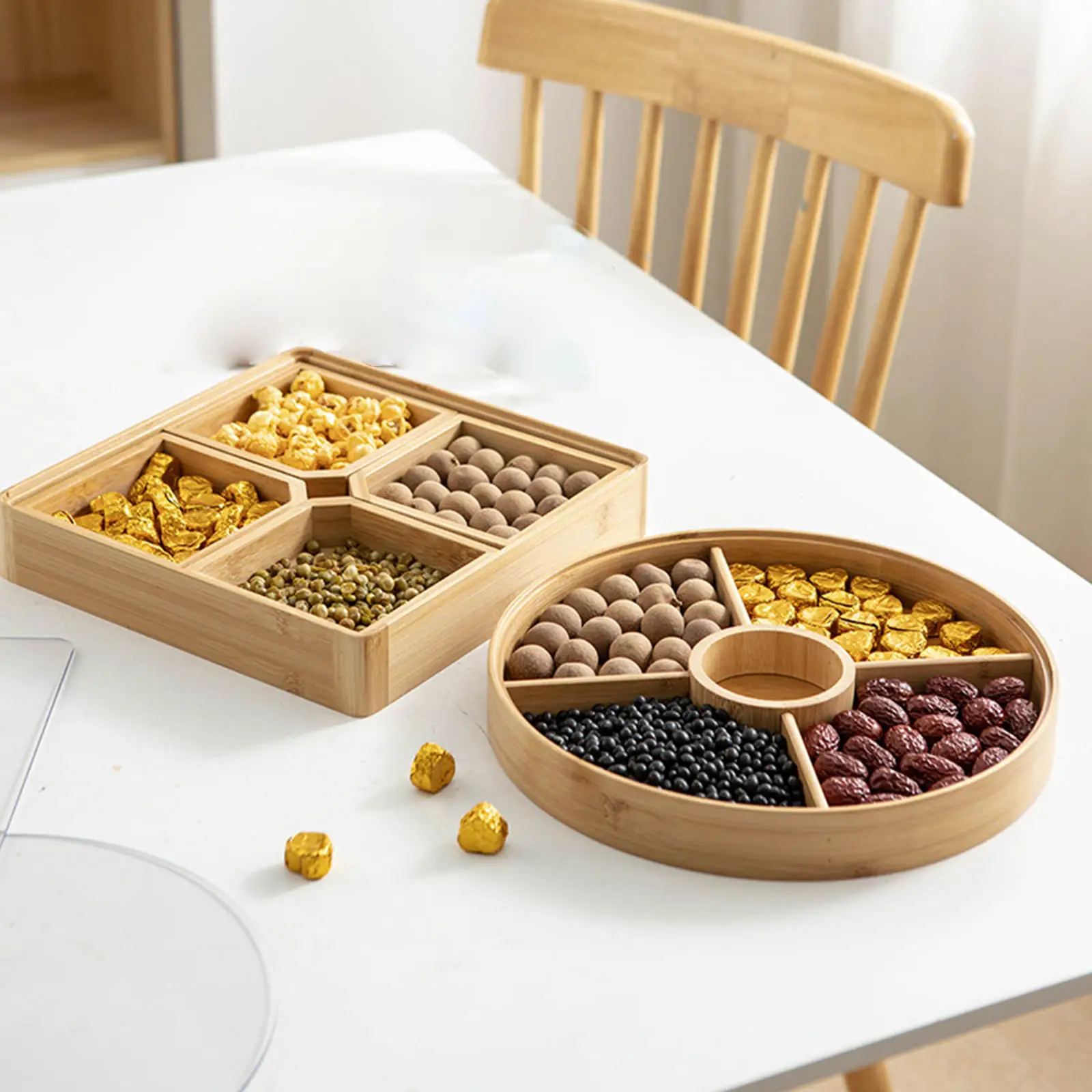 Bamboo Serving Tray, Snack Serving Board with 4 Plates, Nuts Gathering Tray for Party, Housewarming