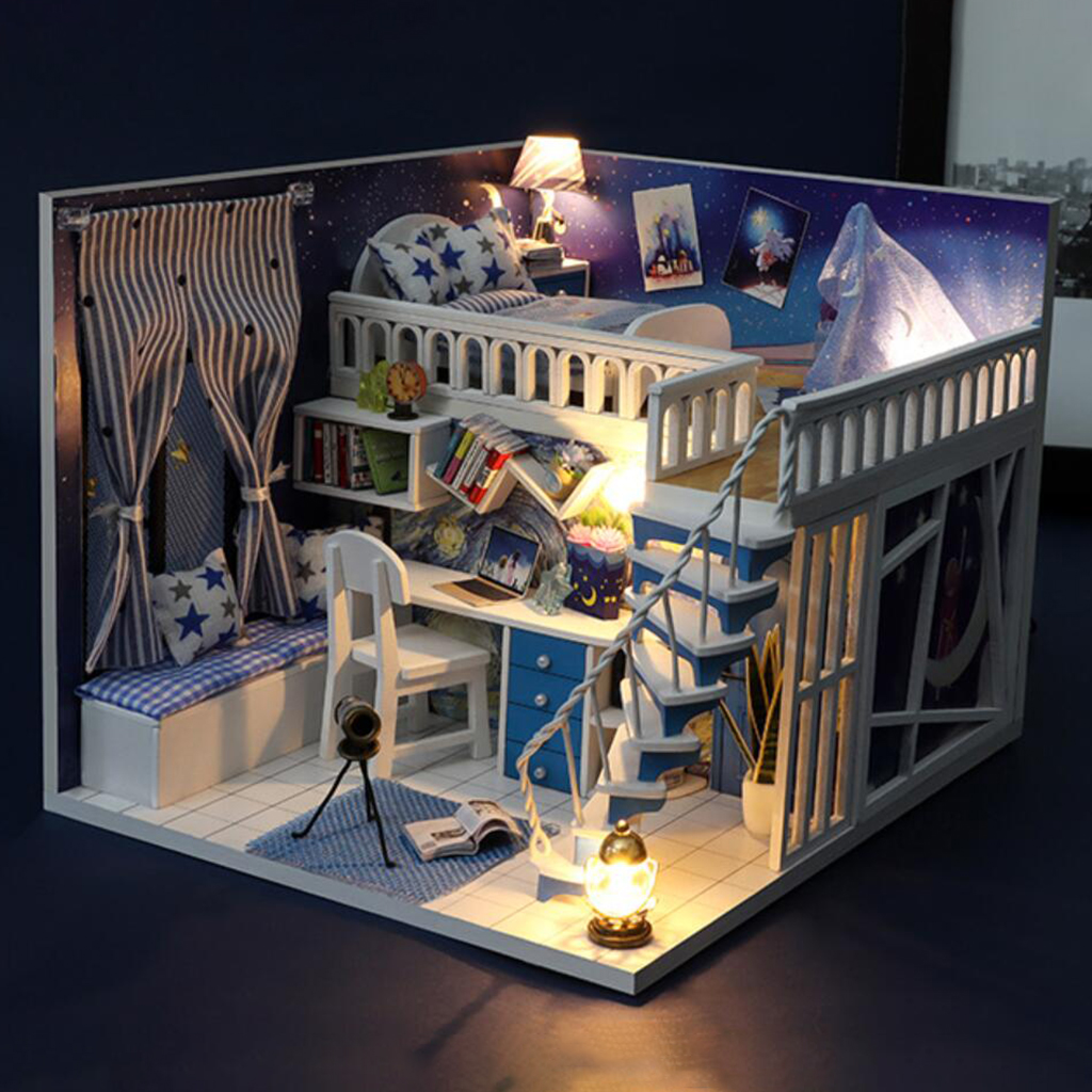 DIY Creative Dollhouse with Realistic Furniture Kit w/ LED Light Battery Case Wooden Crafts Themed Cottage Doll House Toys Gift