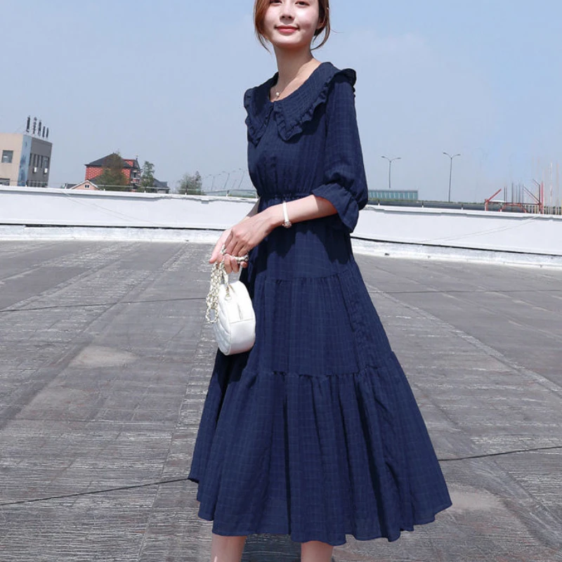 Dress Women Chiffon Simple Colorful Peter Pan Collar 2021 Casual Elegant All-match Female Aesthetic Over-fashioned Korean Style maxi dresses for women