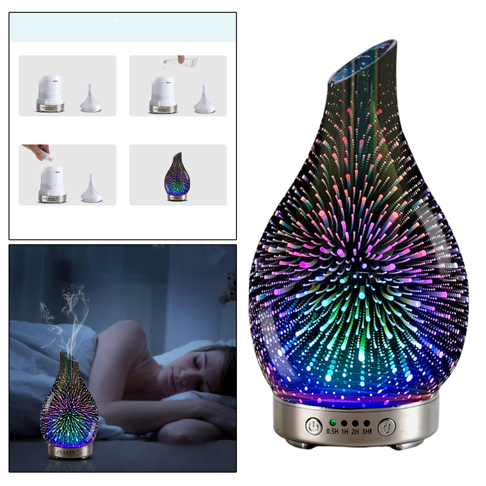 3D Glass Essential Oil Diffuser Aromatherapy Ultrasonic Humidifier Night Light Timer Setting Yoga SPA