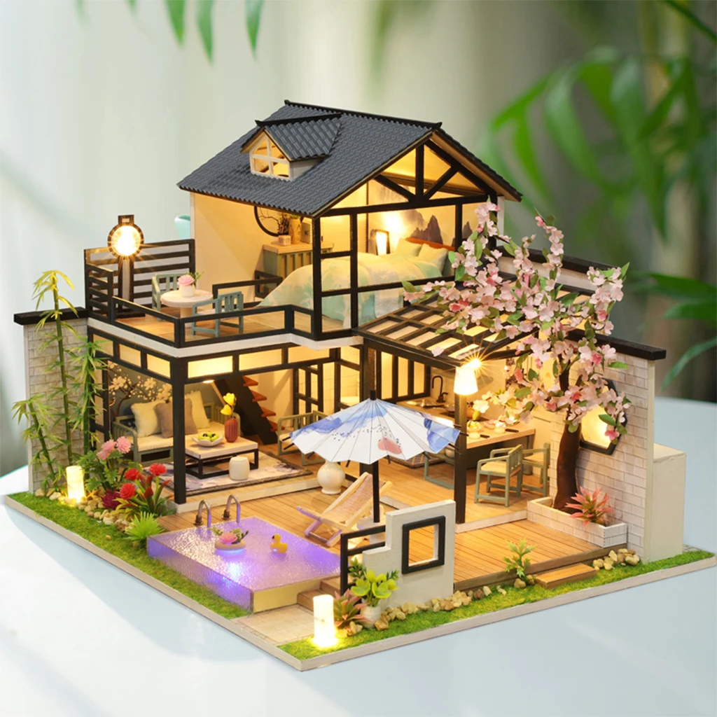 Wood Dollhouse Miniature with Furniture LED Light Kit Doll House Puzzles Building Kit Villa Room Birthday Gifts