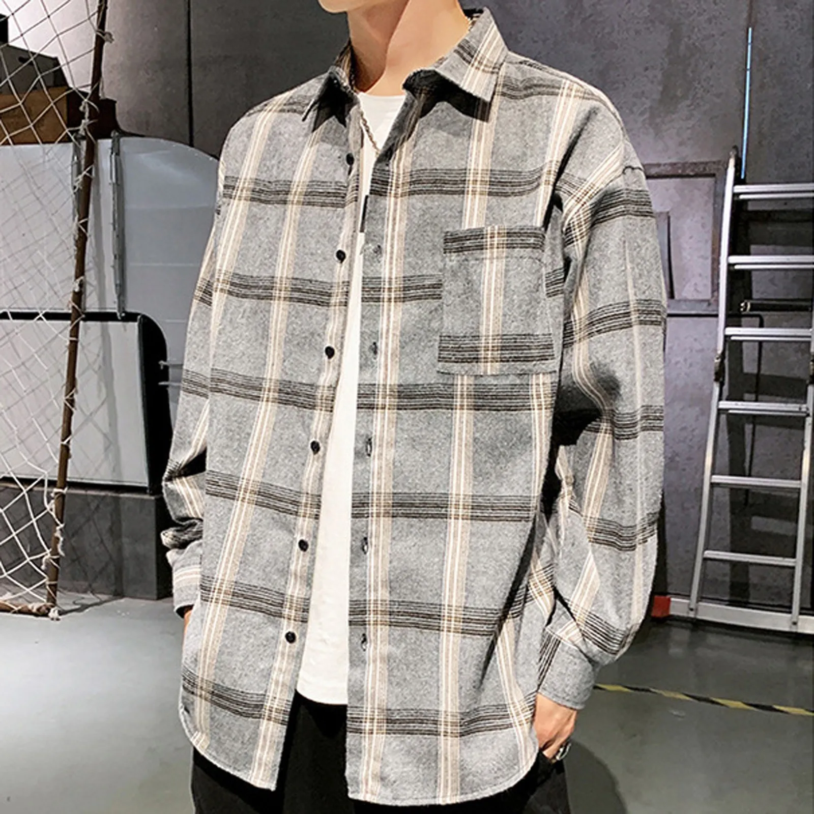 Mens Casual Shirts Plaid Flannel Shirt Men Korean Fashion Long Sleeve ...