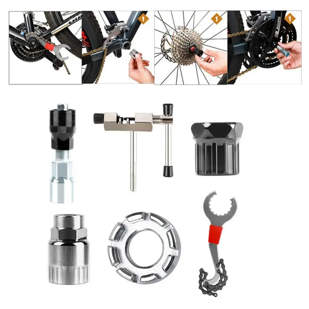 6pcs/set Bike Chain Wheel Repair Tools Set Flywheel Sprocket BB Remover & Chain Whip Cutter for Mountain Road Bike Bicycle