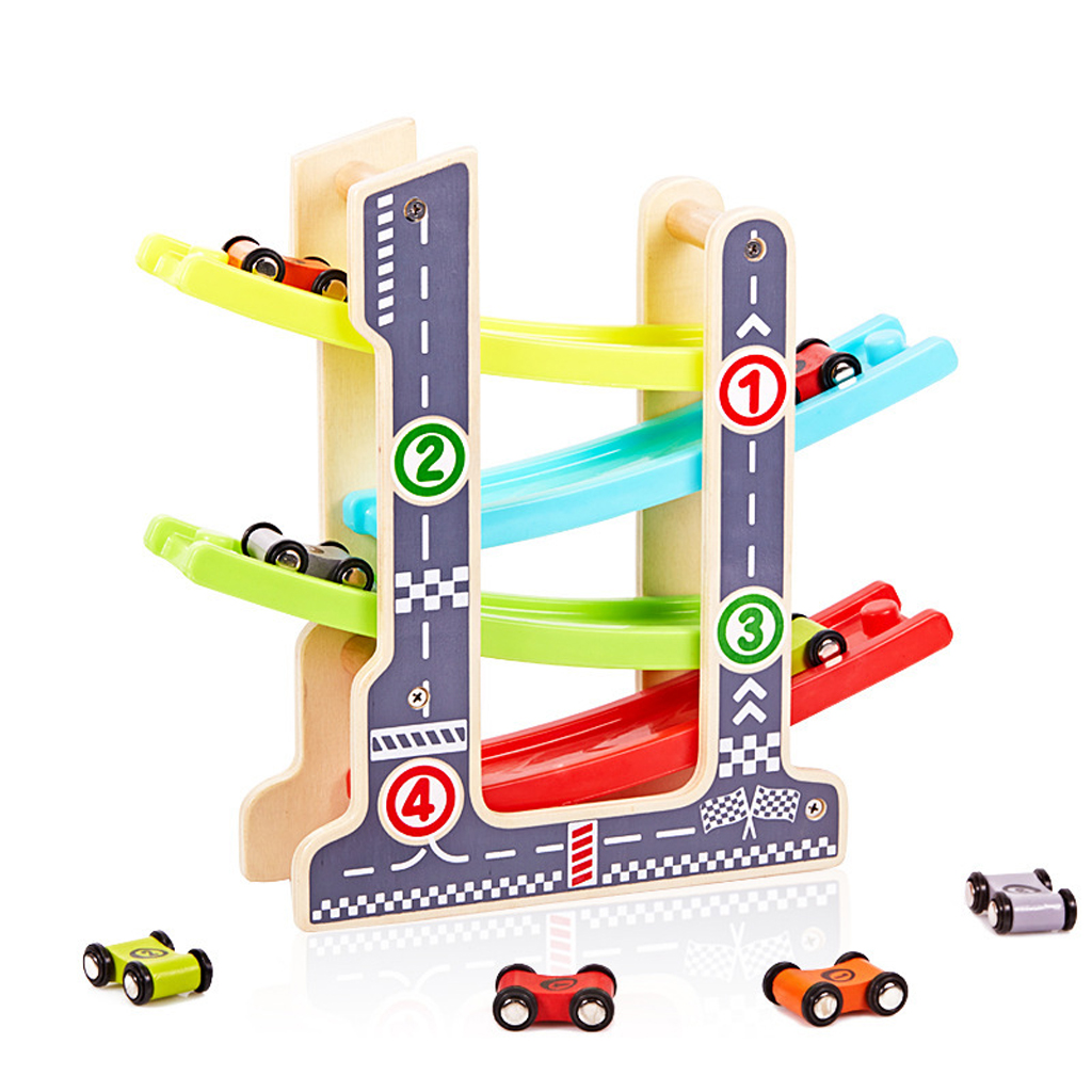 Wooden Slider Click Clack 4 Layer Race Track Playset with 4 Race Cars, Kids Toddlers Preschool Educational Toy