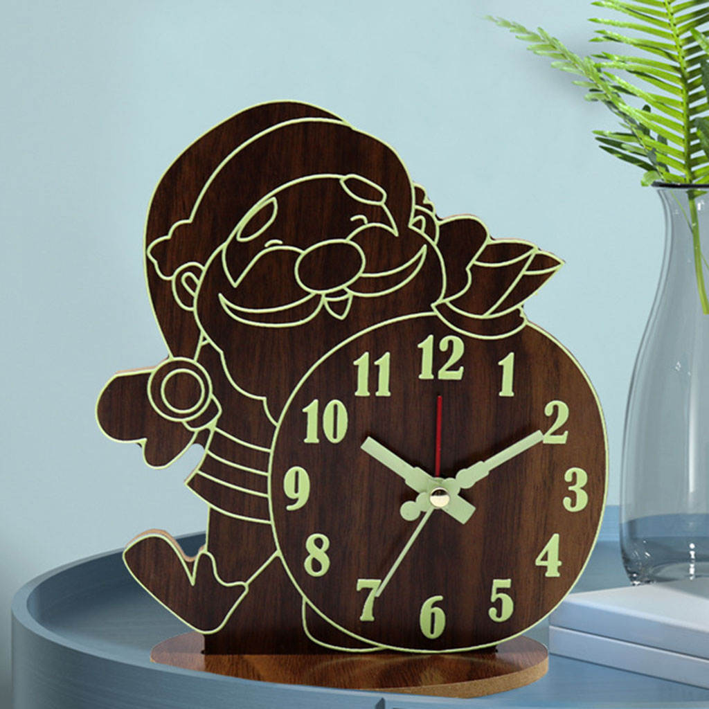Wooden Alarm Clock Cartoon Non Ticking Luminous Battery Powered Desktop Clocks for Home Living Room Kids