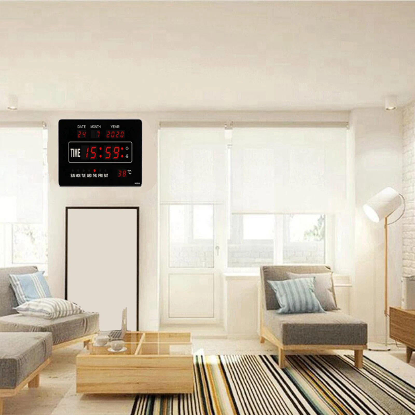 Large LED Wall Alarm Clock Displays Calendar Temperature Week, USB Powered