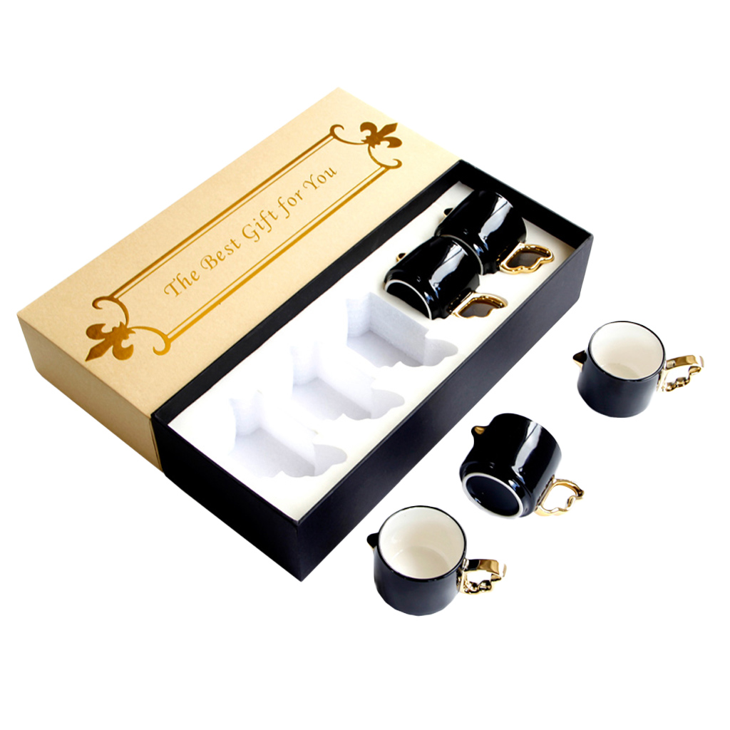 Porcelain Mugs - 100ML/ 3.4 Ounce for Coffee, Hot Tea, Cocoa, Set of 5 Pieces, Black Color, Birds Wing Handle