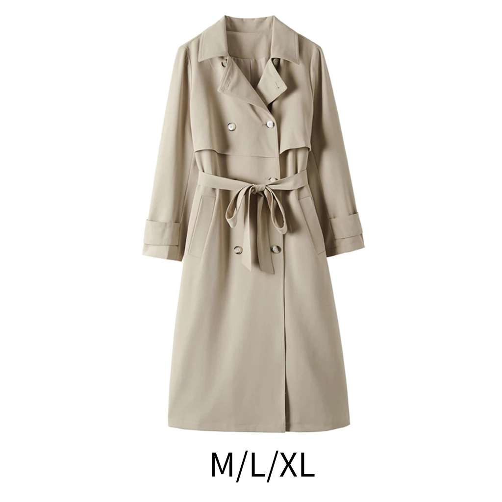 Women`S Double-Breasted Trench Coat Slim Regular Self Tie Sleeve Belt Jacket Lapel Overcoat