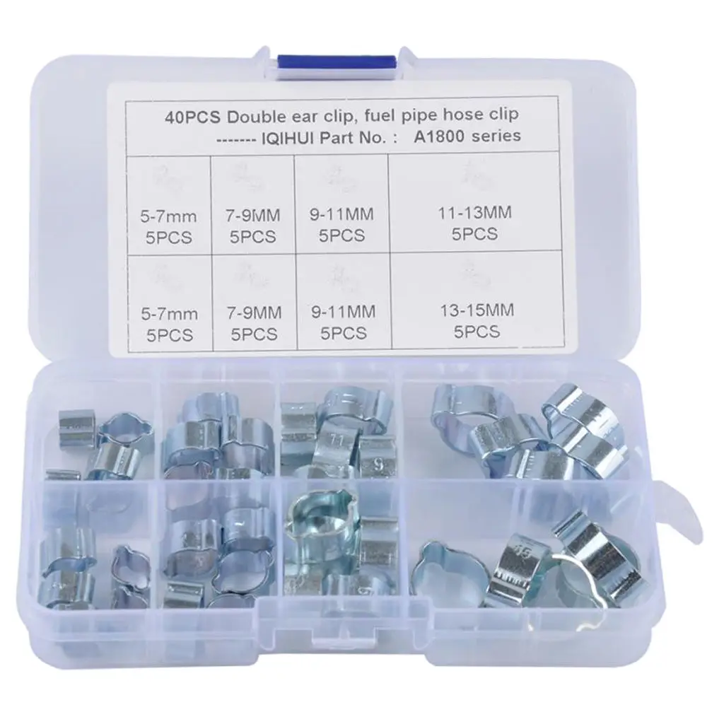 40Pcs Metal Double Ear Hose Fuel Clamp 5 Size Clips for Gas Water Oil Pipe