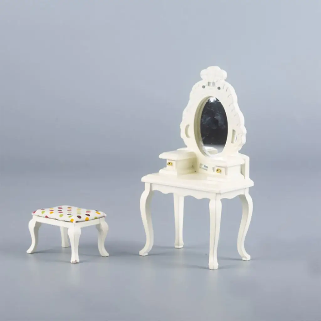 Handmade Miniature Dressing Mirror Table with Stool 1:12 Dollhouse