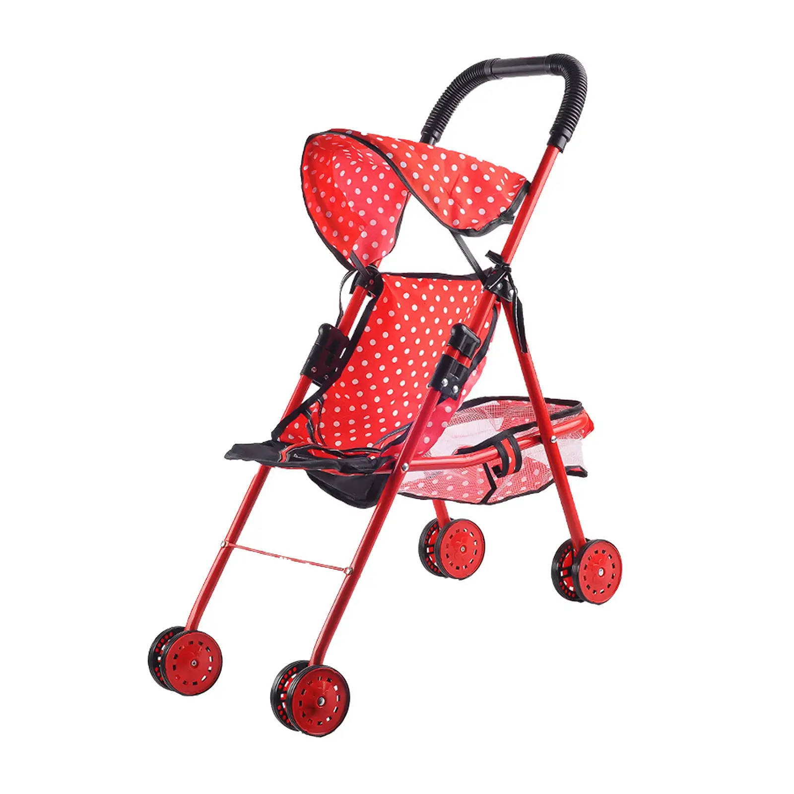 Dots Foldable Doll Stroller with Hood Pram Doll Carrier Kids Pretend Play Simulation Pushchair Toy Dollhouse Decoration