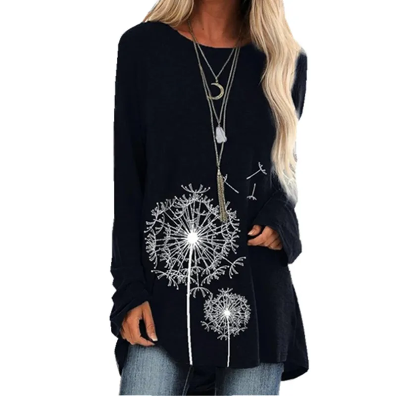 New Autumn Women Tops Floral Dandelion Print Long-sleeved T-shirt Round Neck Loose Casual T-shirt Large Size Pullover Ladies Top best t shirts for men