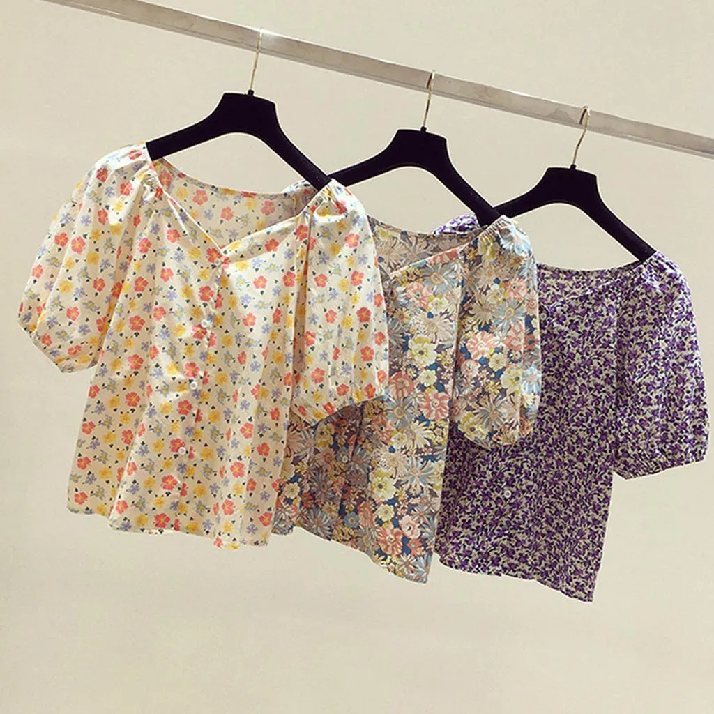 women's shirts & tops 40#Vintage Floral Print Blouses Square Collar Puff Sleeve Hooks Button Sexy Blouses Shirts Women Tops 2021 Shirts Summer Top poet shirt