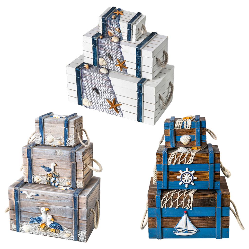 3-in-1 Stackable Mediterranean Wooden Storage Box with Lid Decor Jewelry Books Fruits Craft Stationery Organizer